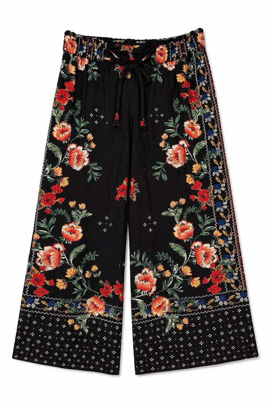 Angie Large Black Floral Boho Wide Leg Palazzo Pants Rayon